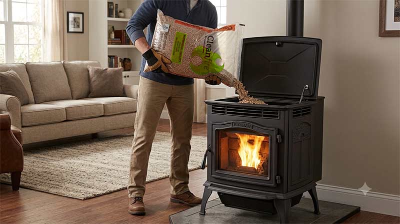 Pouring a bag of wood pellets into a pellet stove hopper