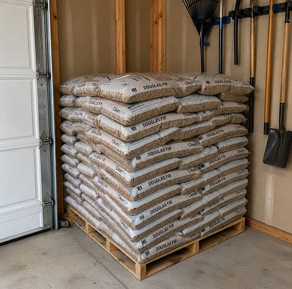 Wood pellet bags stacked on a pallet in a garage