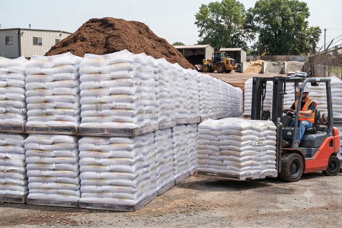 Rows of shrink-wrapped one-ton wood pellet skids in a landscaping yard with a forklift