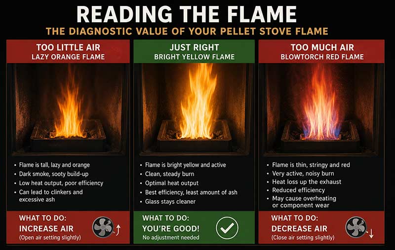 Pellet stove flame chart: too little air (lazy orange), just right (bright yellow), and too much air (blowtorch)