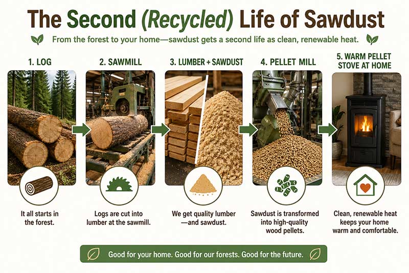 The second life of sawdust: a log enters a sawmill, lumber goes to housing while sawdust and shavings once destined for the landfill are recycled at a pellet mill into bagged pellets that heat a home