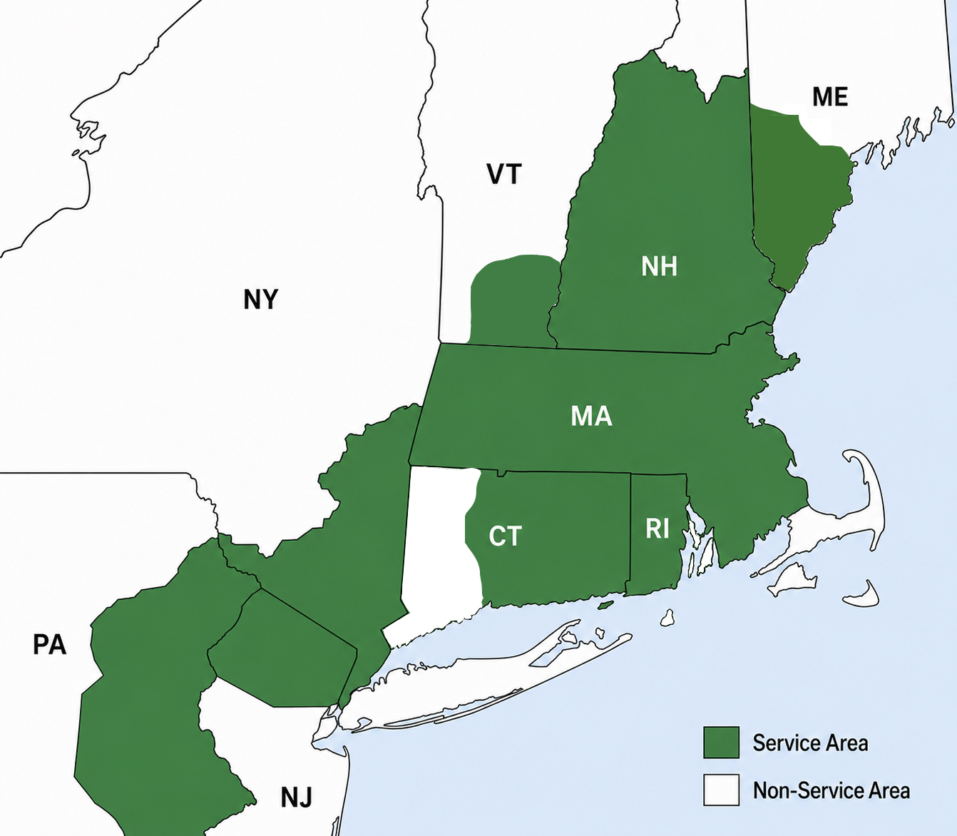 WoodPellets.com home delivery service area — most of New Hampshire, Massachusetts, Connecticut, Rhode Island, and parts of Maine, New York, New Jersey, and Pennsylvania