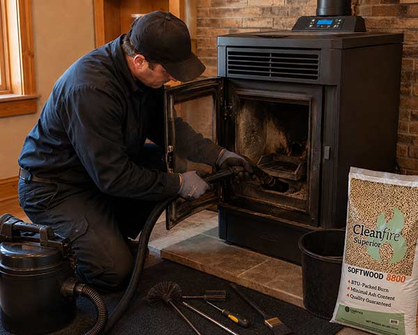 A technician cleaning and servicing a pellet stove