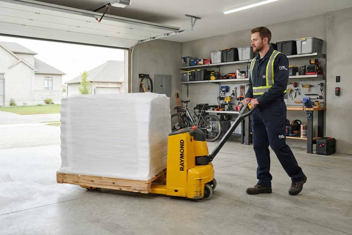 Worker moving a shrink-wrapped pallet of pellets into a garage with a pallet jack